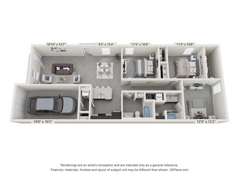 a floorplan of a 3 bedroom apartment with a convertible unit and a car